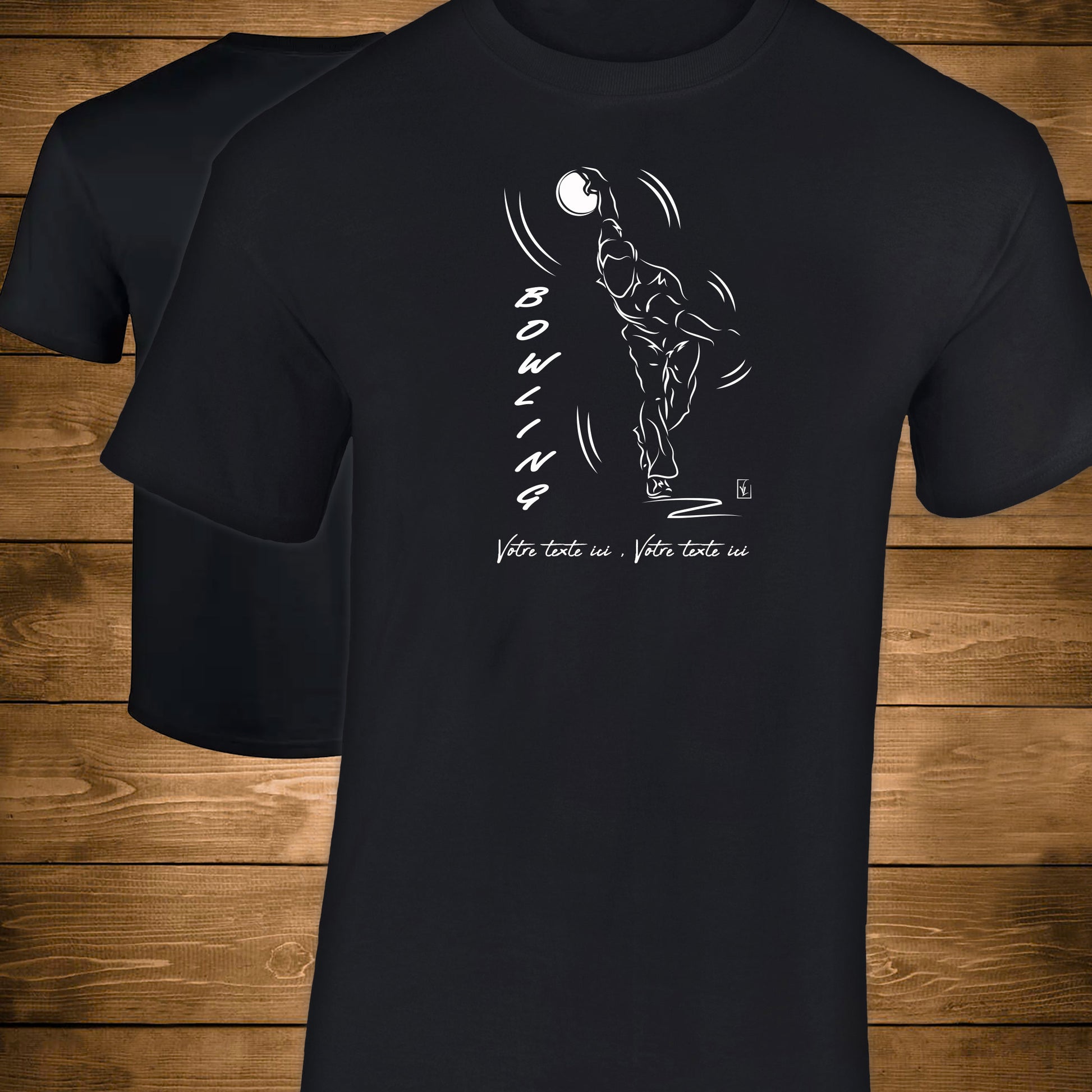 Graphisme joueur de bowling technique 3ème pas sur  t-shirt  noir coupe homme à personnaliser avec du texte. Création Virginie Linard ©.