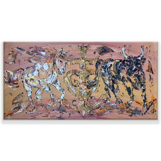 Tableau Croix de Camargue, Cheval et Taureau. Peinture Originale sur toile. Format 30x60cm. Création Virginie Linard ©.