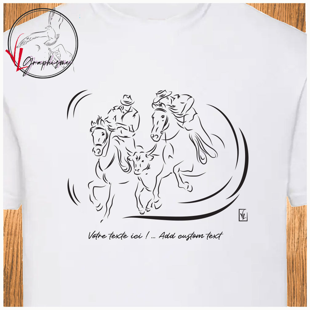 Camargue duo gardians cheval taureau Tshirt personnalisé blanc Création VLGraphisme Virginie Linard ©