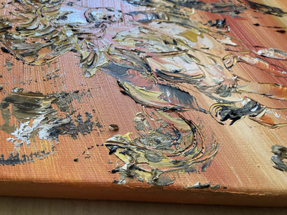 Tableau scène de Camargue avec un gardian sur son cheval et un Taureau. Peinture sur toile format 55x46cm. Abrivado. Création Virginie Linard ©.