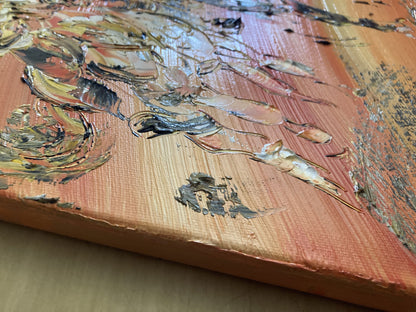 Tableau scène de Camargue avec un gardian sur son cheval et un Taureau. Peinture sur toile format 55x46cm. Abrivado. Création Virginie Linard ©.