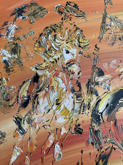 Tableau scène de Camargue avec un gardian sur son cheval et un Taureau. Peinture sur toile format 55x46cm. Abrivado. Création Virginie Linard ©.