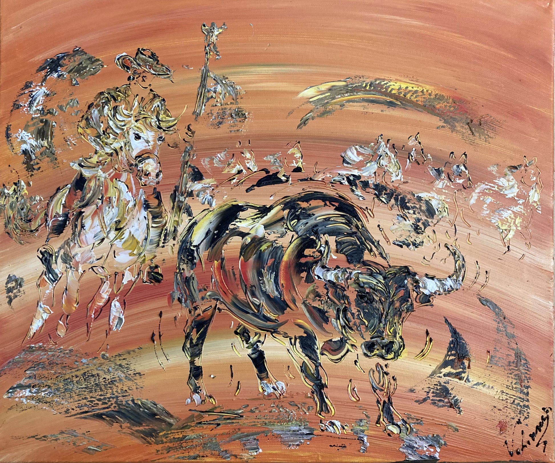 Tableau scène de Camargue avec un gardian sur son cheval et un Taureau. Peinture sur toile format 55x46cm. Abrivado. Création Virginie Linard ©.