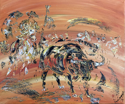 Tableau scène de Camargue avec un gardian sur son cheval et un Taureau. Peinture sur toile format 55x46cm. Abrivado. Création Virginie Linard ©.