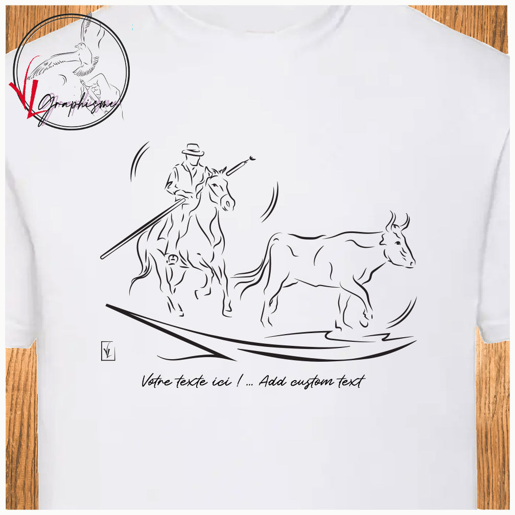 Camargue Gardian Taureau Tshirt personnalisé couleur blanc Création VLGraphisme Virginie Linard ©