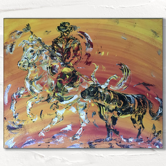 Tableau de Camargue Peinture sur toile d'une scène d'un gardian sur son cheval et d'un taureau virginie linard©