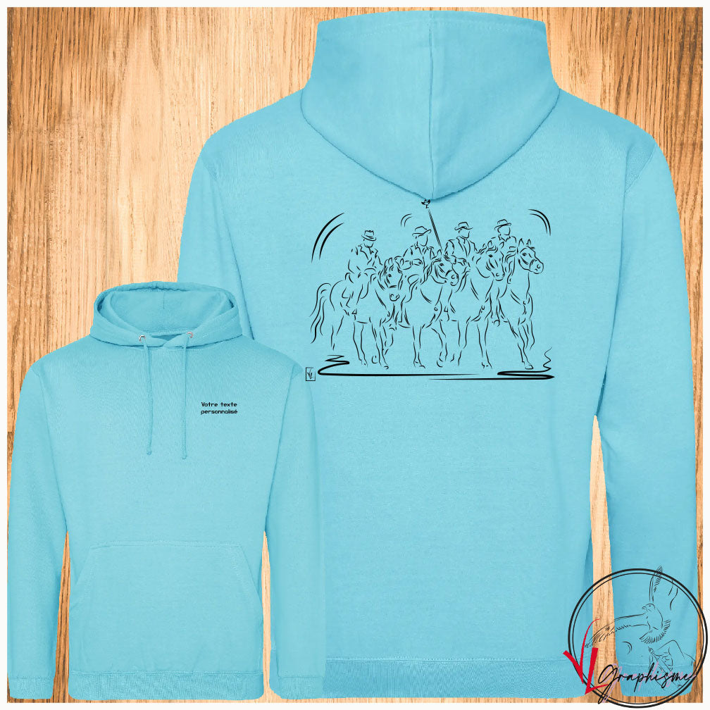 Camargue Sweat abrivado chevaux gardian taureau Turquoise à personnaliser avec un texte côté coeur Création Virginie Linard ©