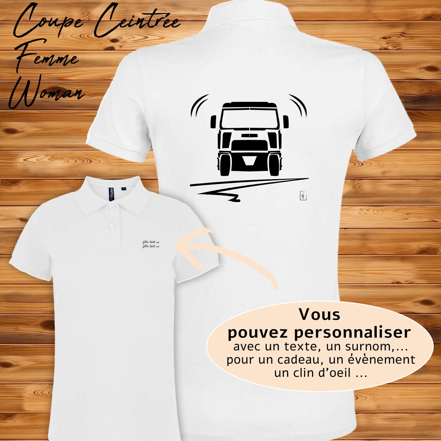 Polo Camion blanc femme personnalisable - Graphisme exclusif Virginie Linard
