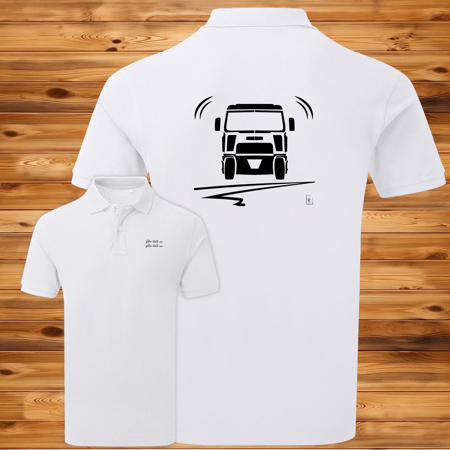 Polo Camion blanc homme personnalisable - Graphisme exclusif Virginie Linard
