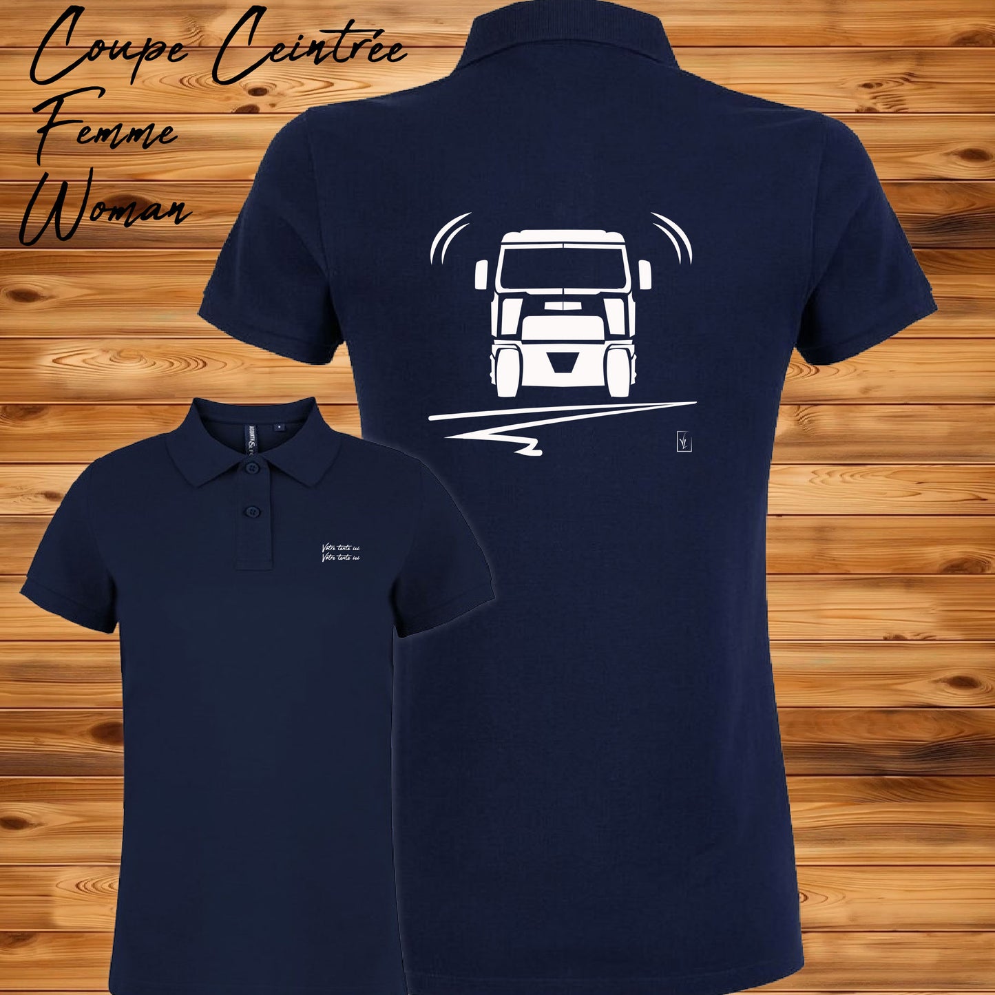Polo Camion bleu femme personnalisable - Graphisme exclusif Virginie Linard
