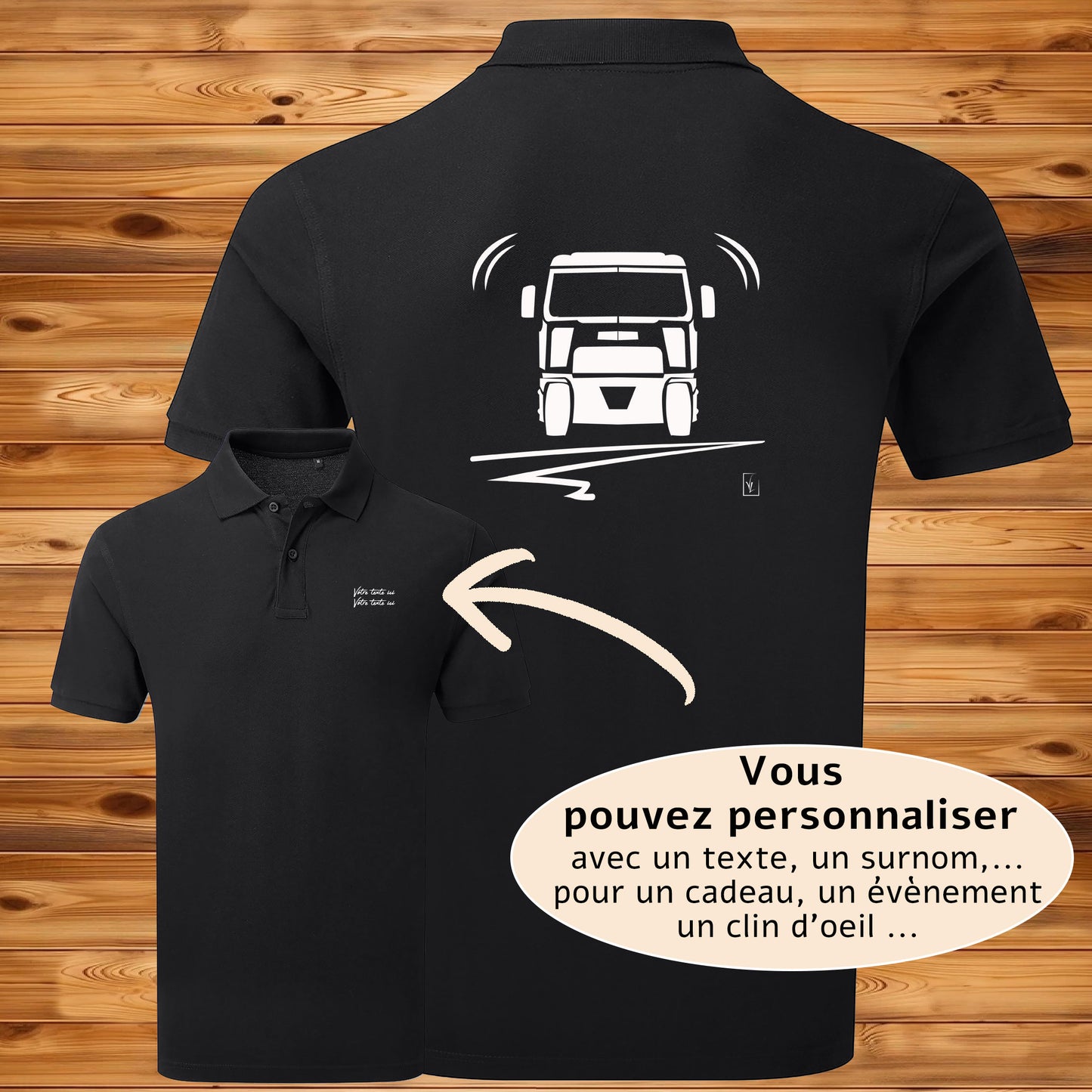 Polo Camion noir homme personnalisable - Graphisme exclusif Virginie Linard
