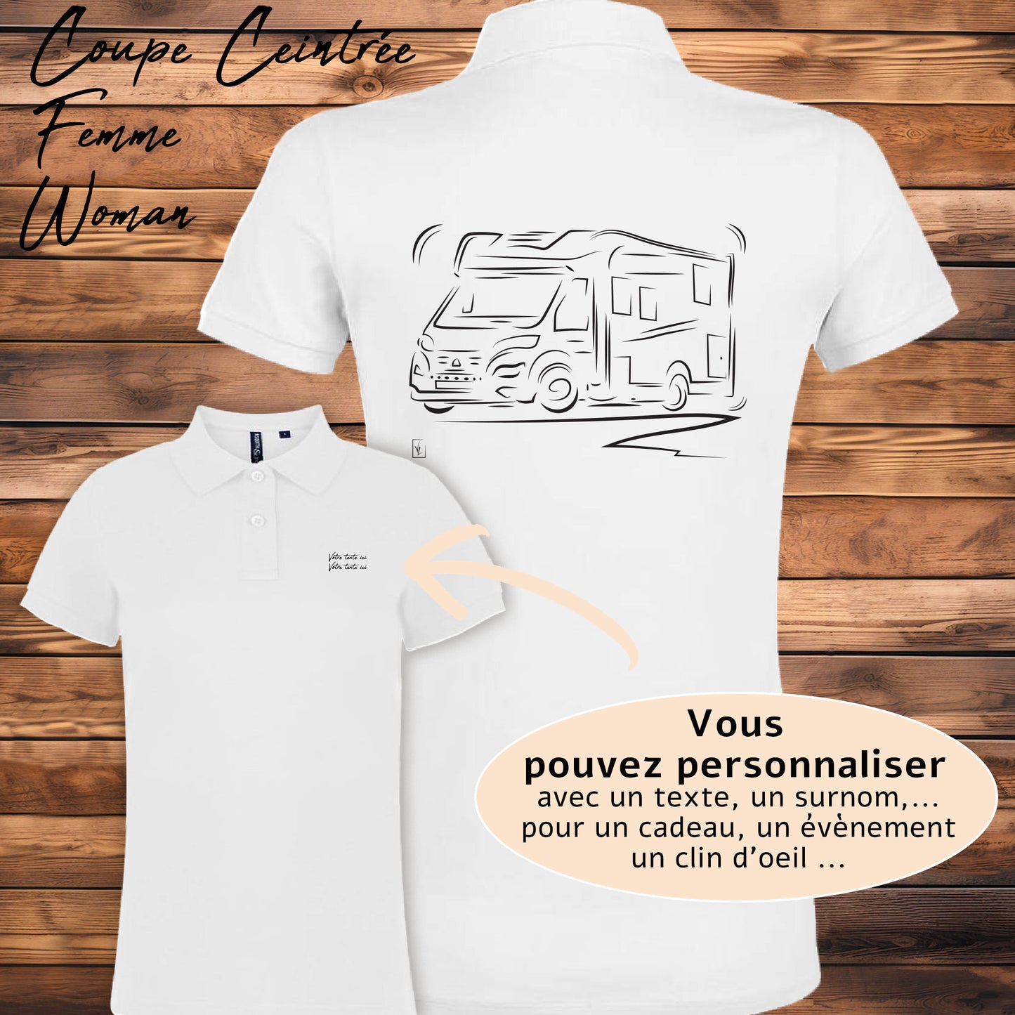 Polo blanc femme camping-car personnalisable - Design exclusif Virginie Linard
