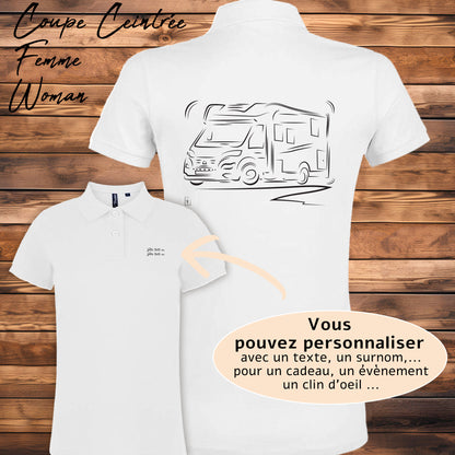 Polo blanc femme camping-car personnalisable - Design exclusif Virginie Linard
