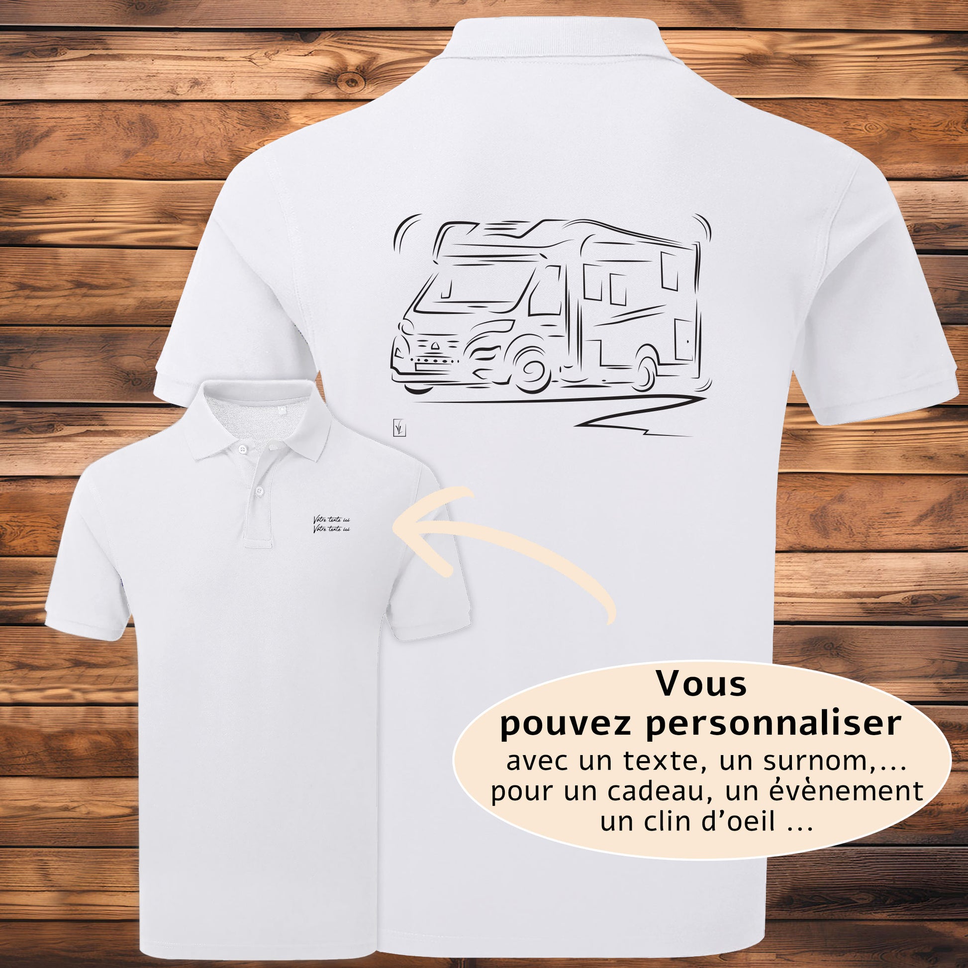Polo Camping-Car blanc homme personnalisable - Graphisme exclusif Virginie Linard
