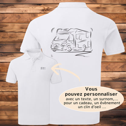 Polo Camping-Car blanc homme personnalisable - Graphisme exclusif Virginie Linard
