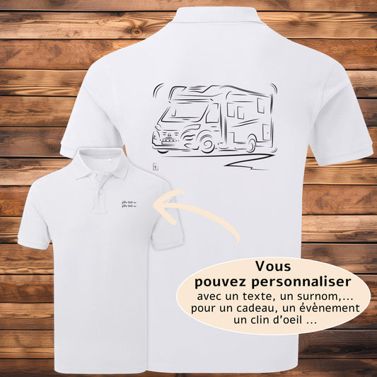 Polo blanc homme camping-car personnalisable - Graphisme dos, texte côté cœur. Idée cadeau original passionnés voyages

