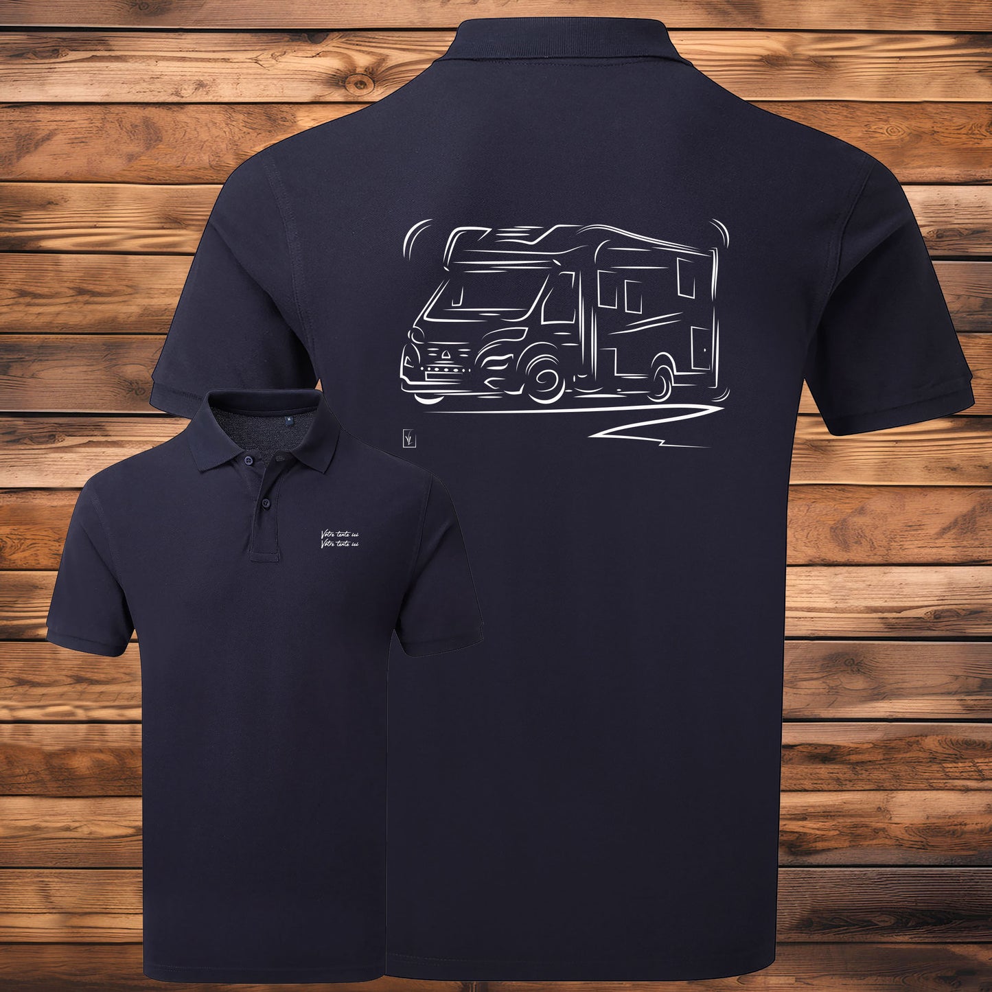 Polo Camping-Car bleu homme personnalisable - Graphisme exclusif Virginie Linard
