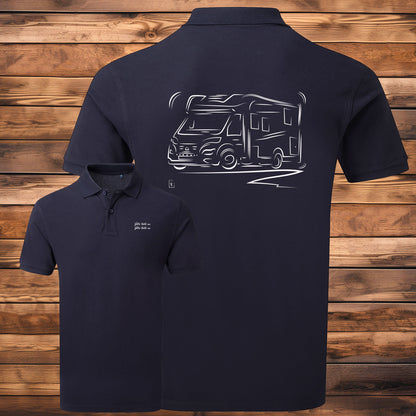 Polo Camping-Car bleu homme personnalisable - Graphisme exclusif Virginie Linard
