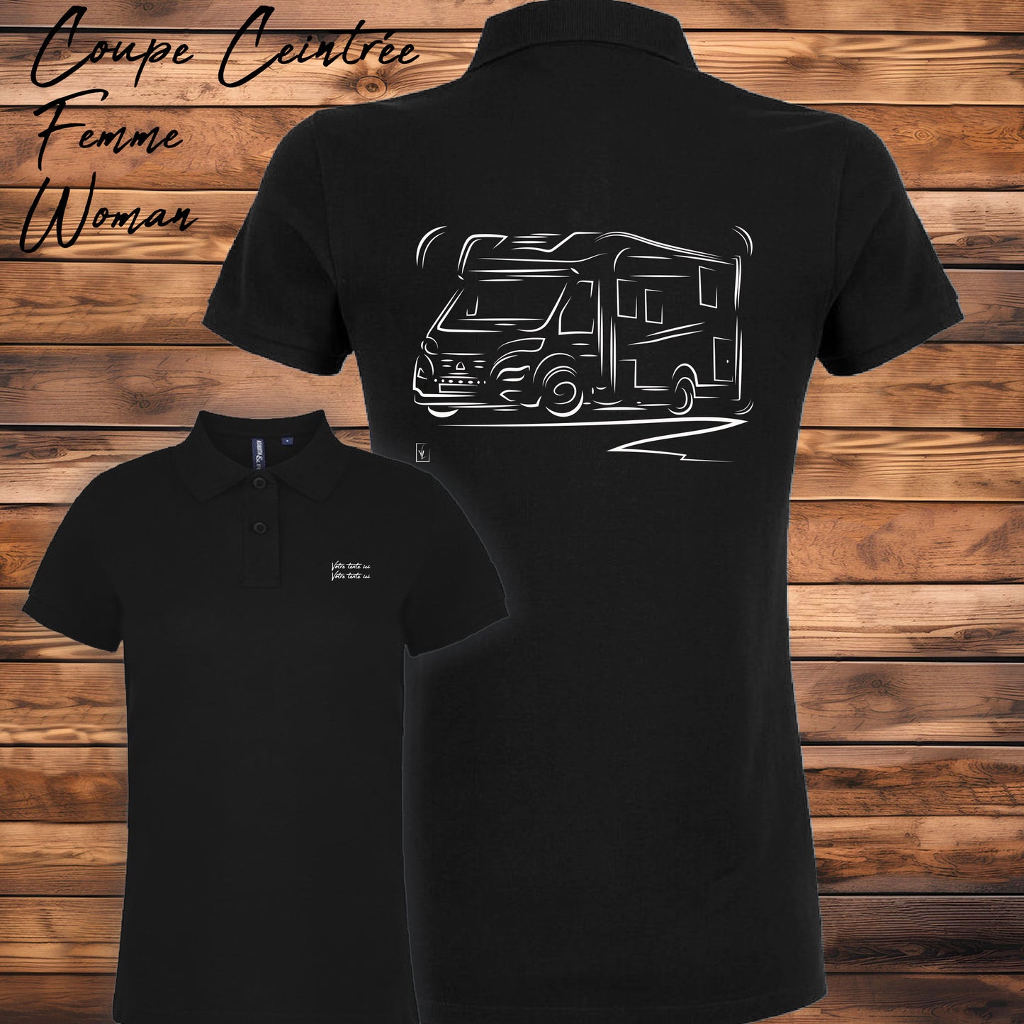 Polo noir femme camping-car personnalisable - Graphisme dos, texte côté cœur

