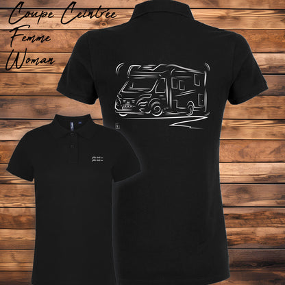 Polo noir femme camping-car personnalisable - Graphisme dos, texte côté cœur
