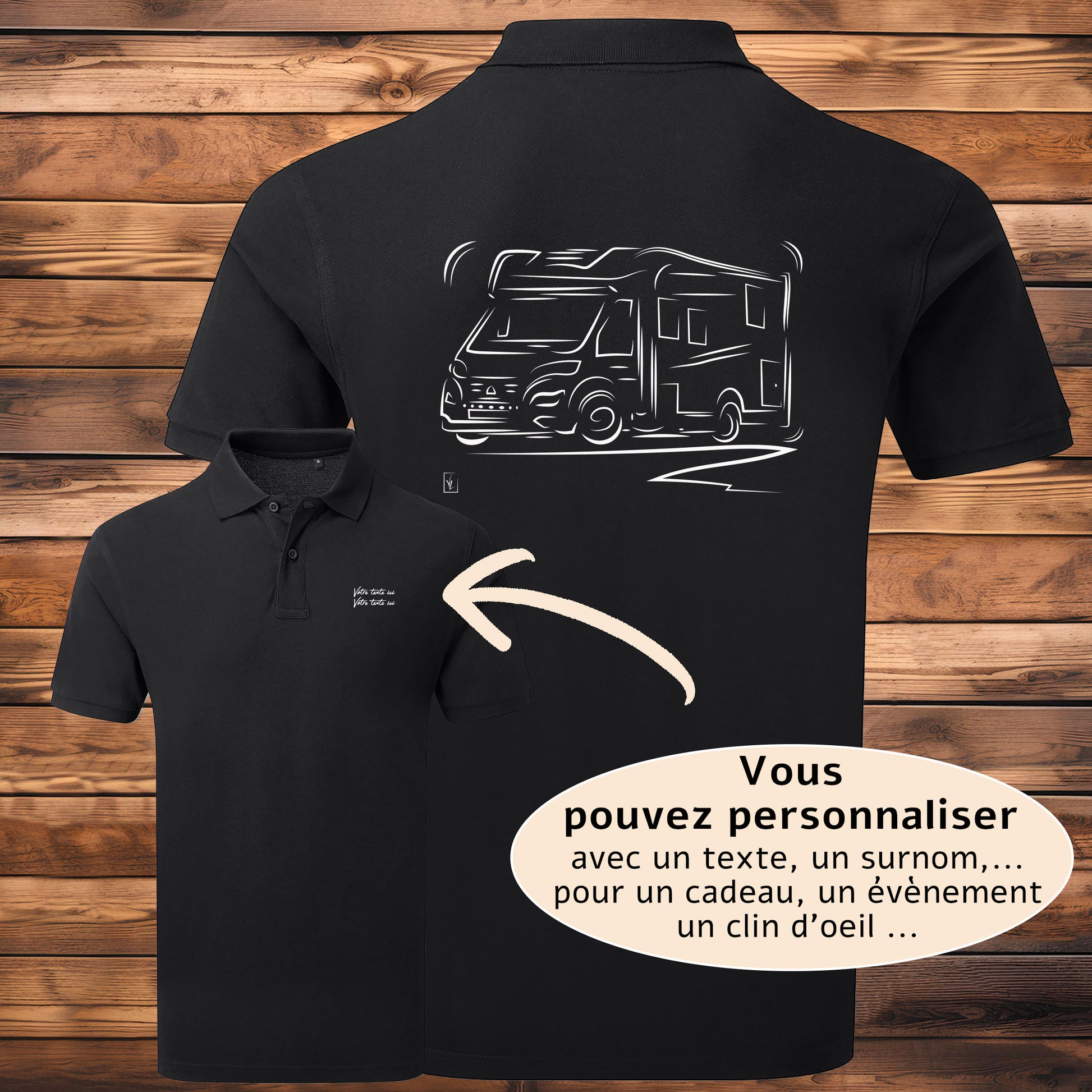 Polo Camping-Car noir homme personnalisable - Graphisme exclusif Virginie Linard
