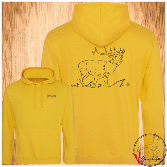 Graphisme d'un cerf qui brame sur sweat jaune à personnaliser Virginie Linard ©