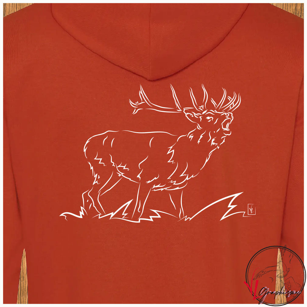 Graphisme d'un cerf qui brame sur sweat rouge à personnaliser Virginie Linard ©