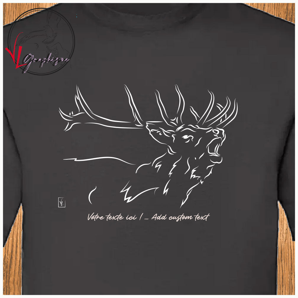 Graphisme sur tshirt d'un cerf qui brame à personnaliser Virginie Linard ©