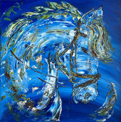 Peinture sur toile cheval blanc sur fond bleu. Tableau format 80x80cm. Création Virginie Linard ©