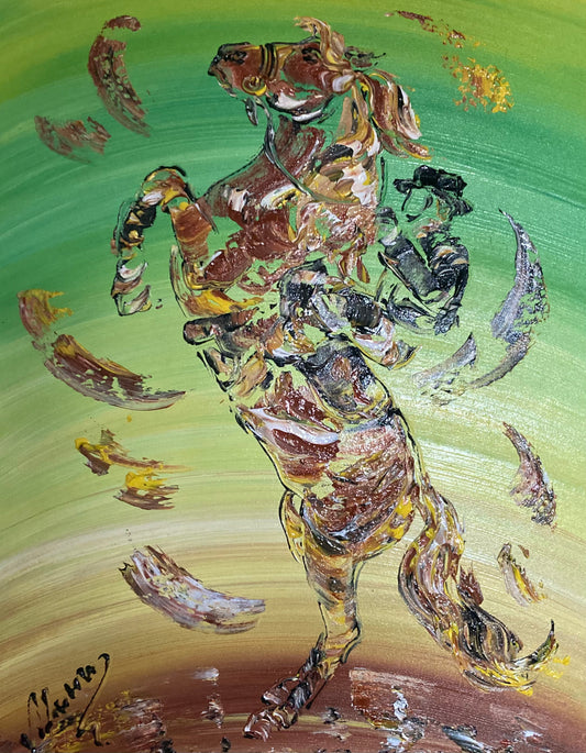 Tableau d'un cheval cabré sur fond vert avec un cavalier. Peinture format 55x46cm de Virginie Linard ©