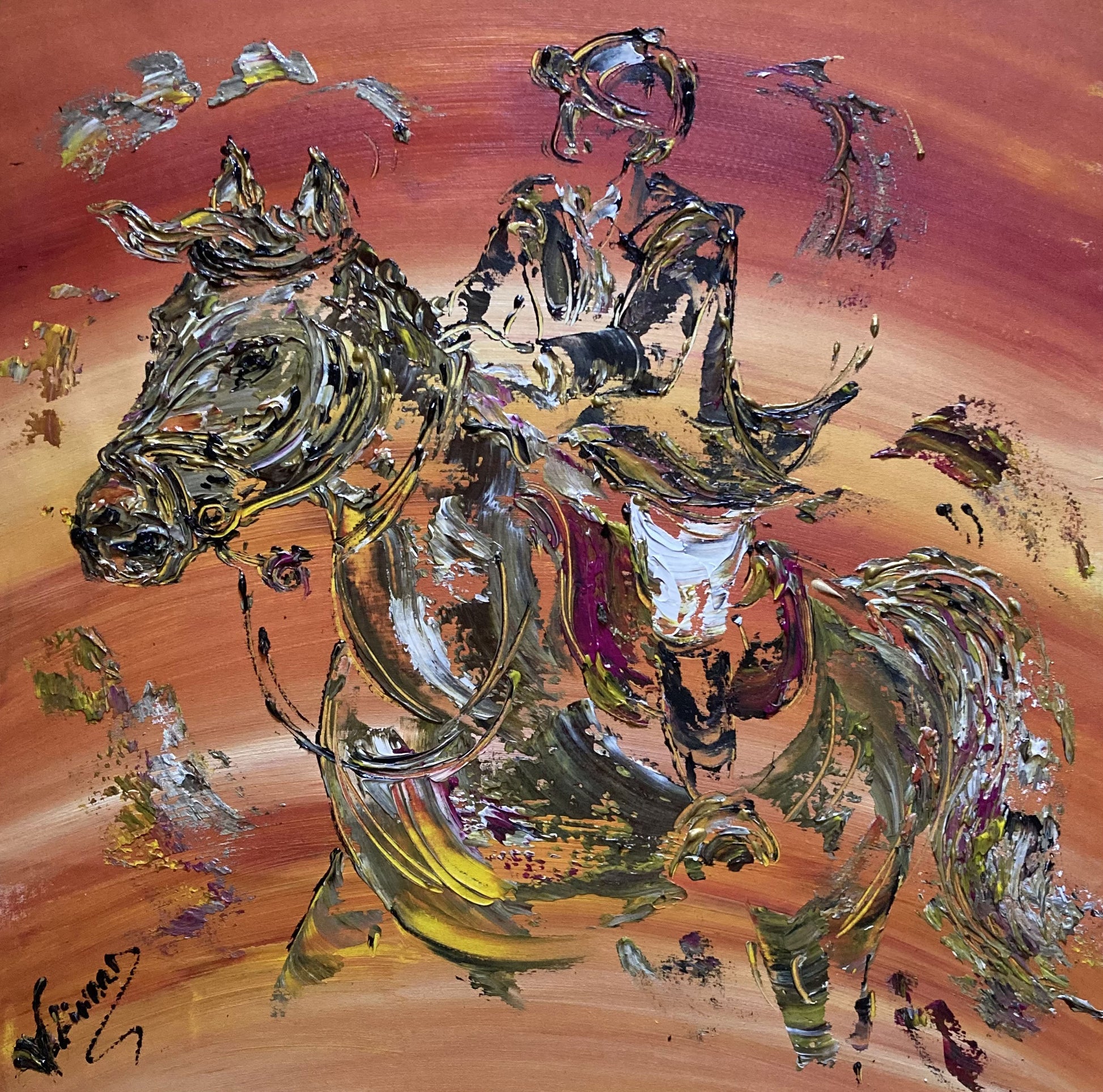 Cheval équitation et cavalier tableau peinture sur toile décoration format 50x50cm Virginie Linard