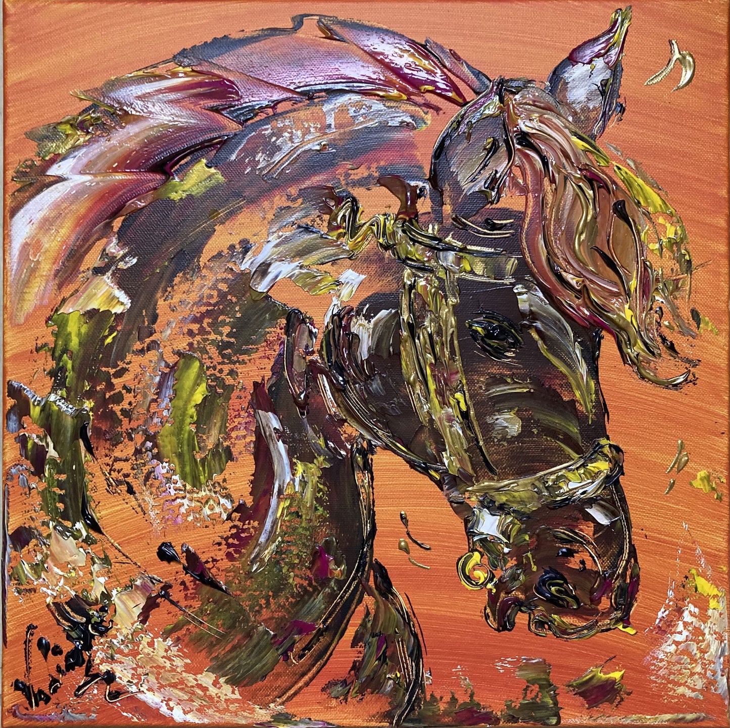 Cheval marron équitation Tableau peinture sur toile 40x40cm décoration Virginie Linard ©