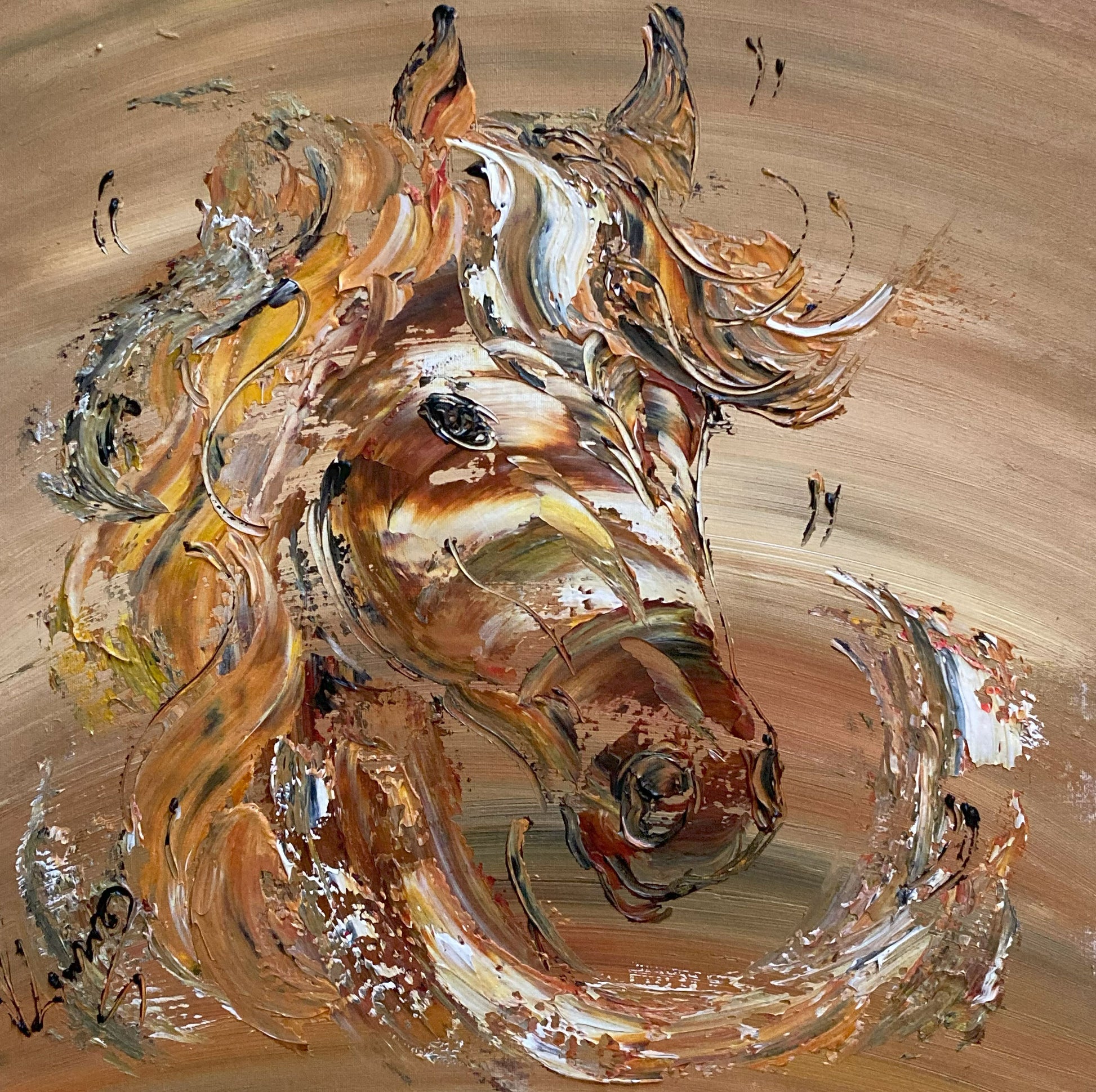Tableau cheval marron , peinture sur toile 40x40cm. Création Virginie Linard ©.