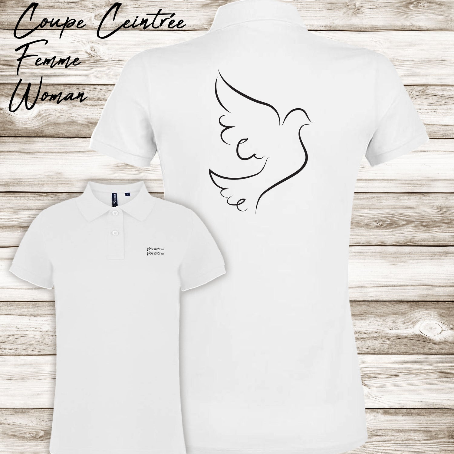 Graphisme esquisse Colombe oiseau liberté sur polo à personnaliser avec du texte. Création Virginie Linard ©.