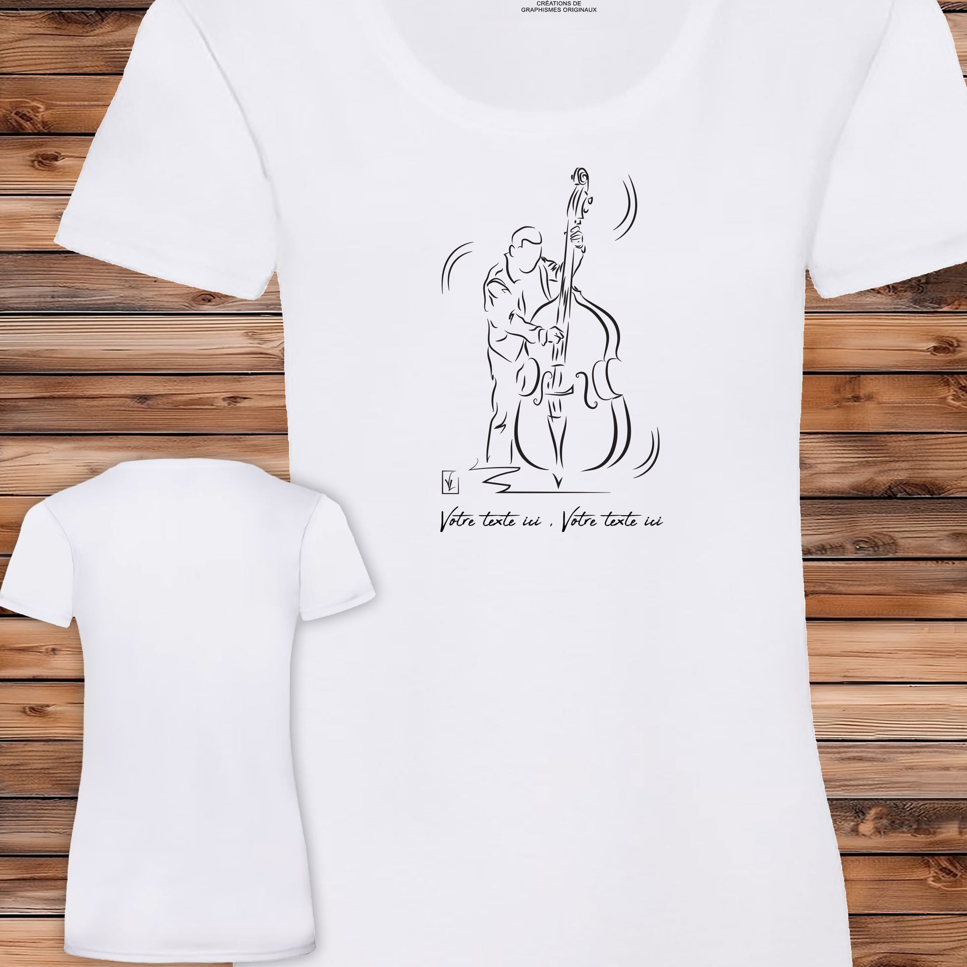 Graphisme Contrebassiste Jazz sur T-shirt blanc femme à personnaliser avec votre texte. Création Virginie Linard ©.