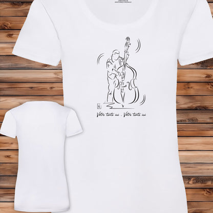 Graphisme Contrebassiste Jazz sur T-shirt blanc femme à personnaliser avec votre texte. Création Virginie Linard ©.