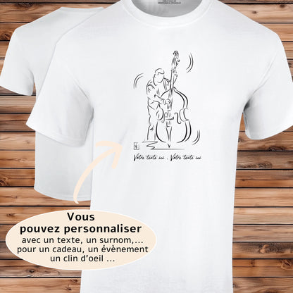 Graphisme Contrebassiste Jazz sur T-shirt blanc homme à personnaliser avec votre texte. Création Virginie Linard ©.