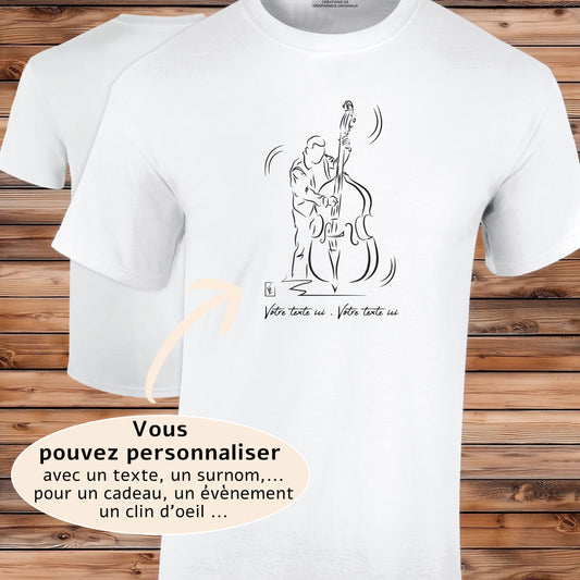 Graphisme Contrebassiste Jazz sur T-shirt blanc homme à personnaliser avec votre texte. Création Virginie Linard ©.