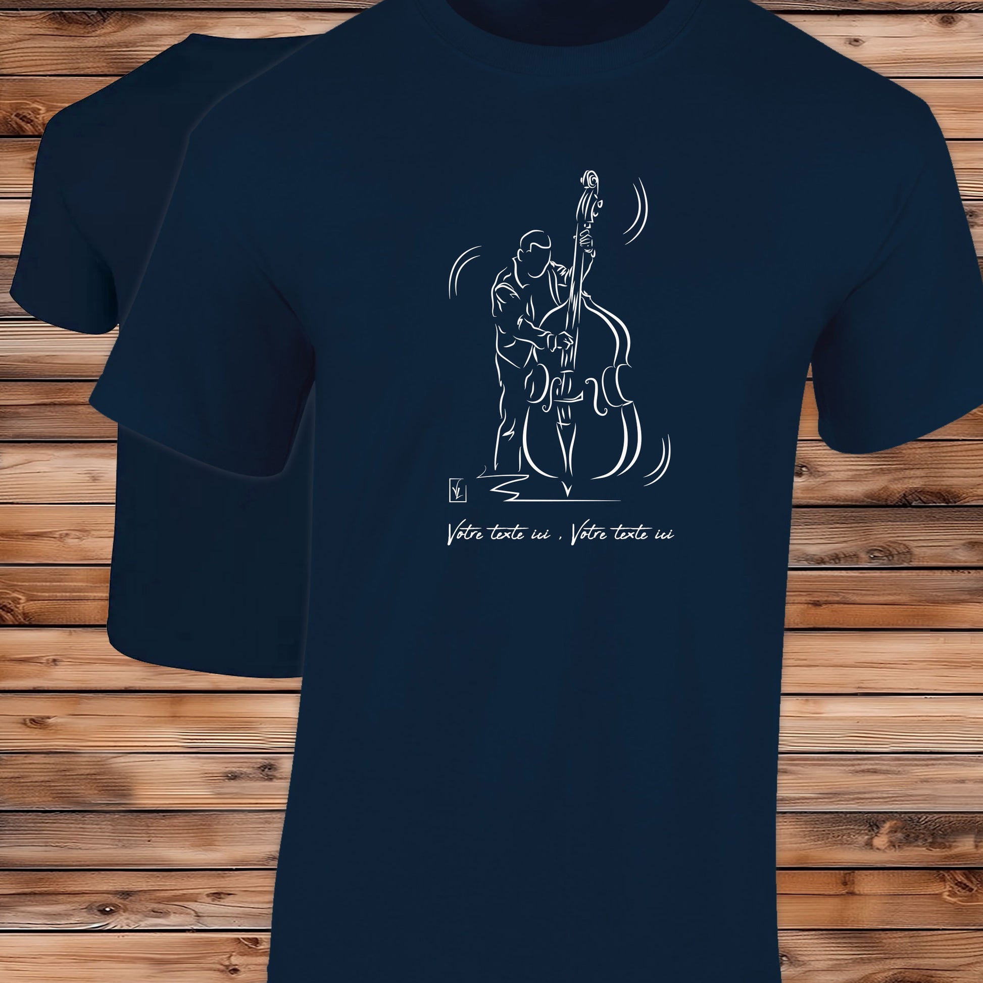 Graphisme Contrebassiste Jazz sur T-shirt bleu homme à personnaliser avec votre texte. Création Virginie Linard ©.
