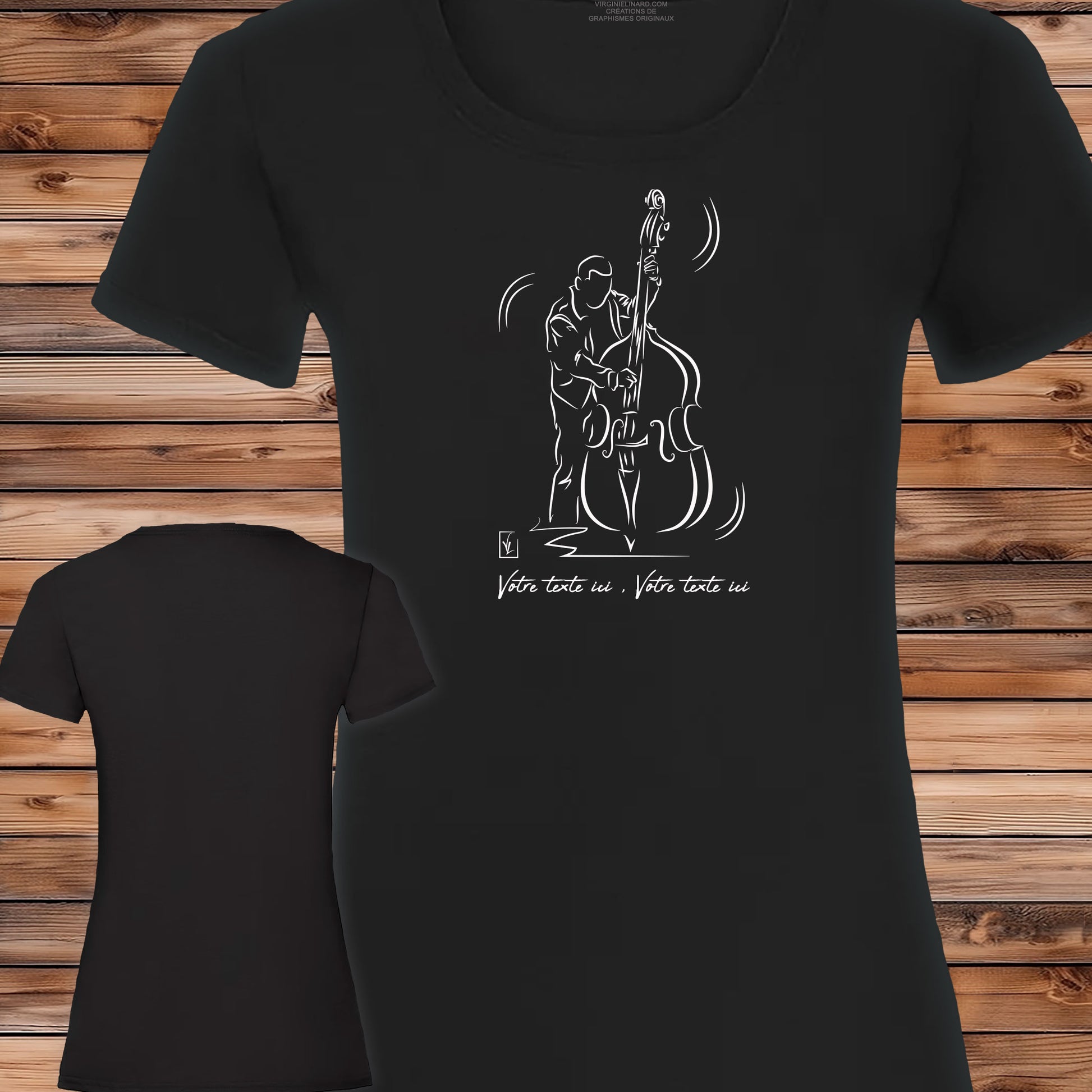 Graphisme Contrebassiste Jazz sur T-shirt noir femme à personnaliser avec votre texte. Création Virginie Linard ©.