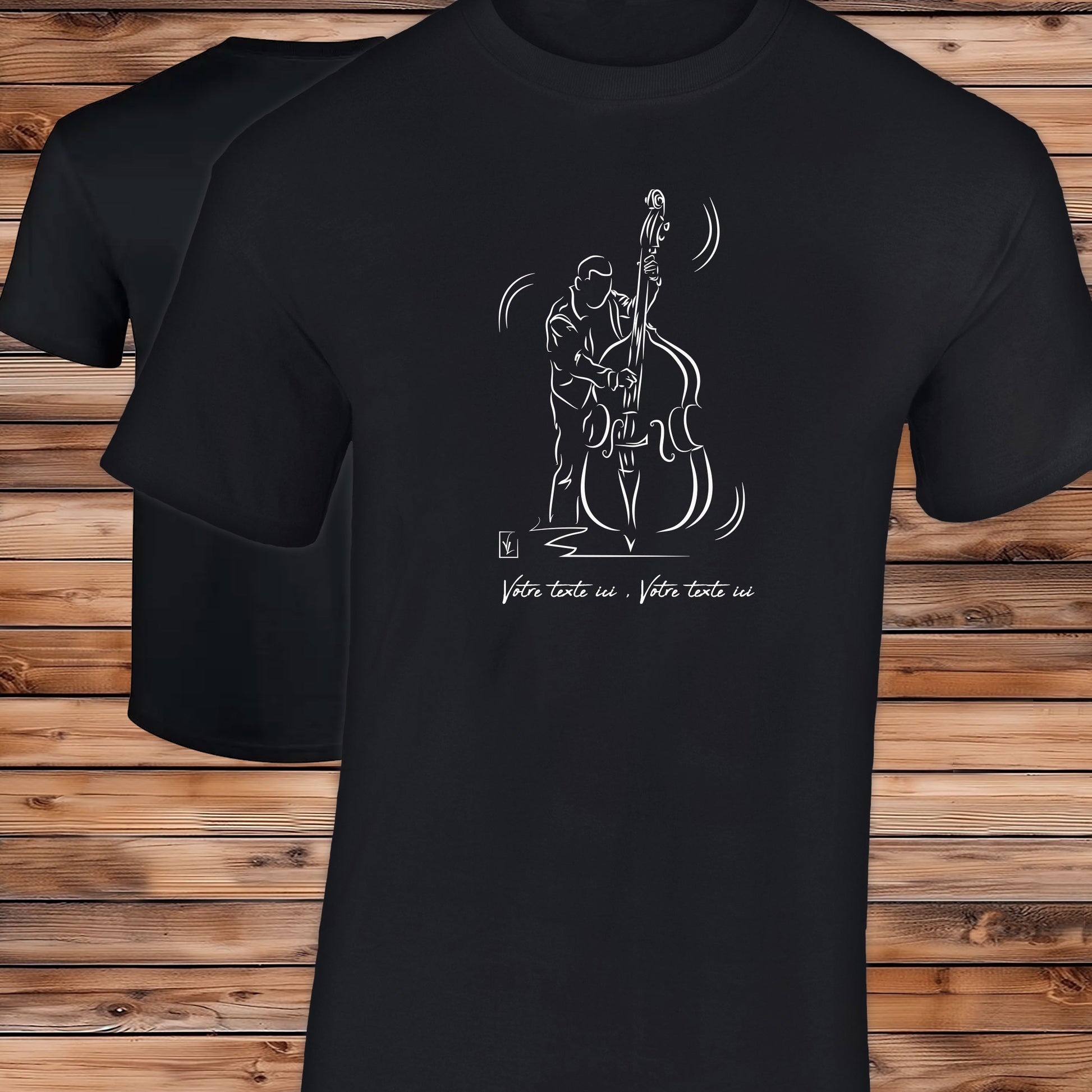 Graphisme Contrebassiste Jazz sur T-shirt noir homme à personnaliser avec votre texte. Création Virginie Linard ©.
