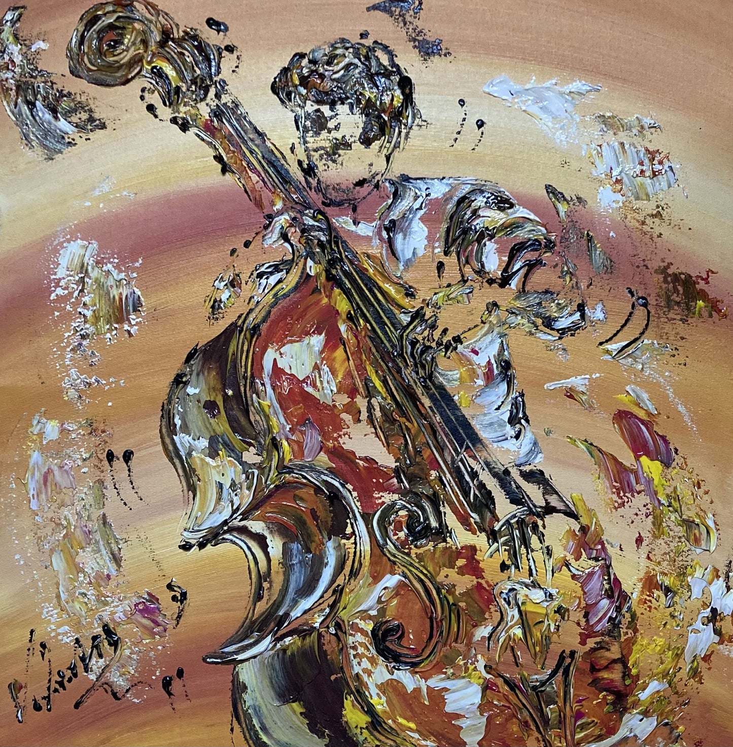 Contrebasse musicien jazz contrebassiste musique Tableau peinture sur toile 40x40cm décoration Virginie Linard ©