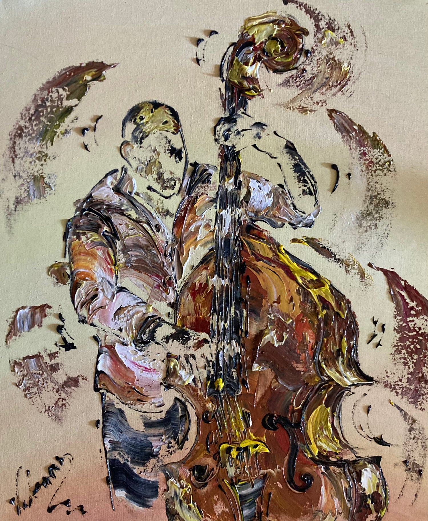 Peinture sur toile format 55x46cm représentant un musicien contrebassiste Tableau musique jazz peintre virginie linard