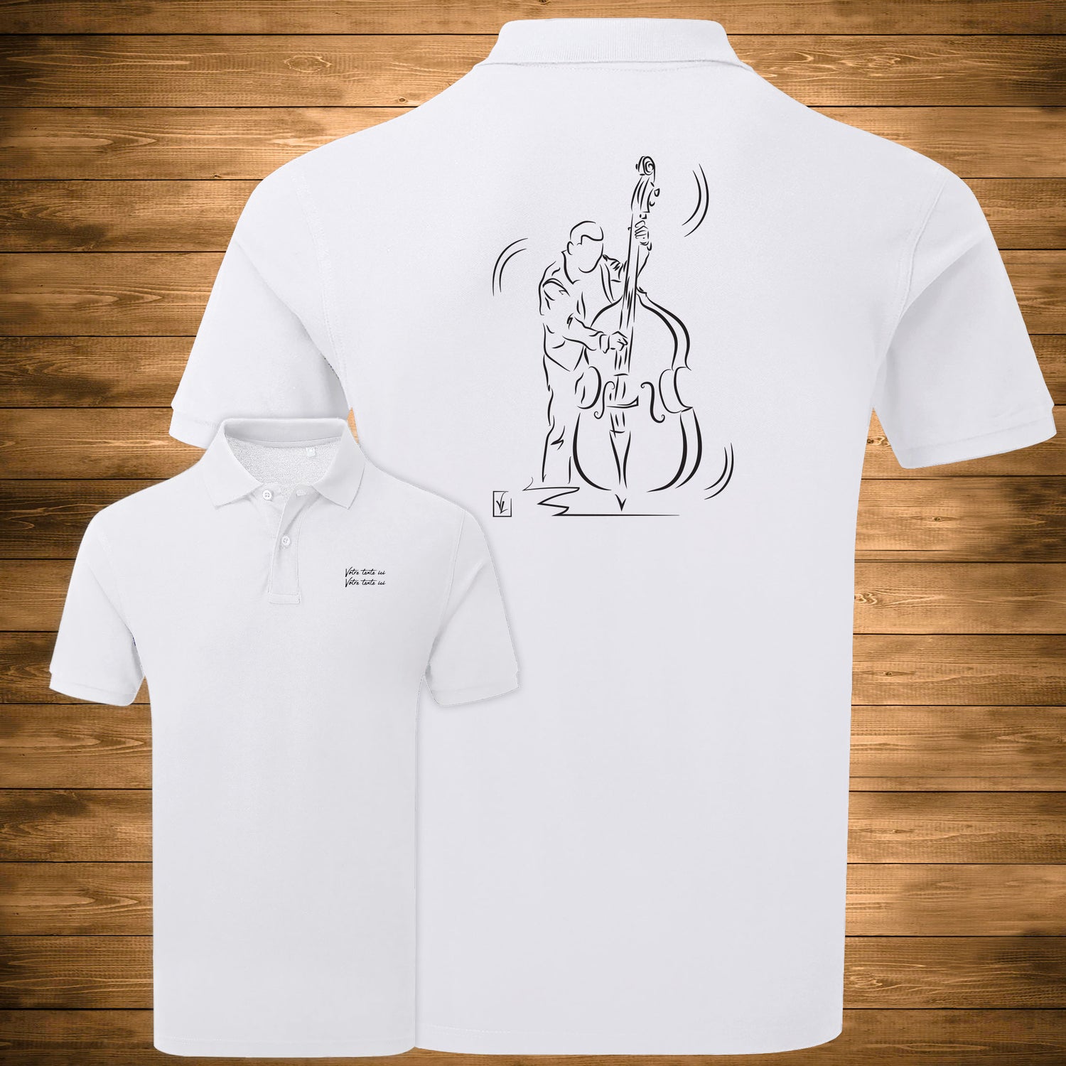 Graphisme musicien contrebassiste jazz sur Polo blanc homme. A personnaliser avec du texte. Création Virginie Linard ©.