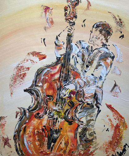 Tableau format 55x46 cm Peinture sur toile Musicien Contrebassiste contrebasse peintre Virginie Linard ©