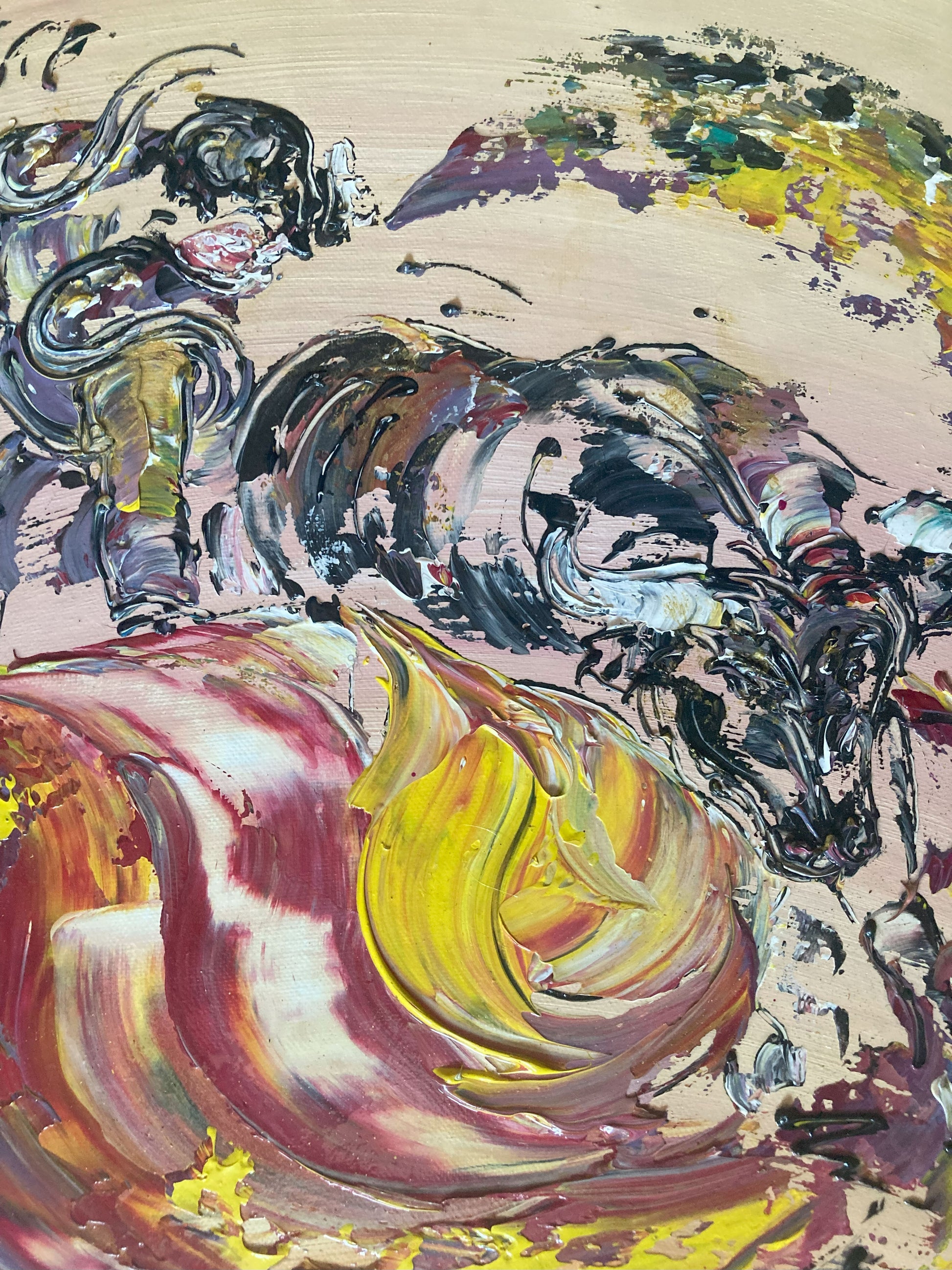 Tableau Corrida Tauromachie. Peinture Originale sur toile. Format 73x50cm. Détail2. Création Virginie Linard ©.