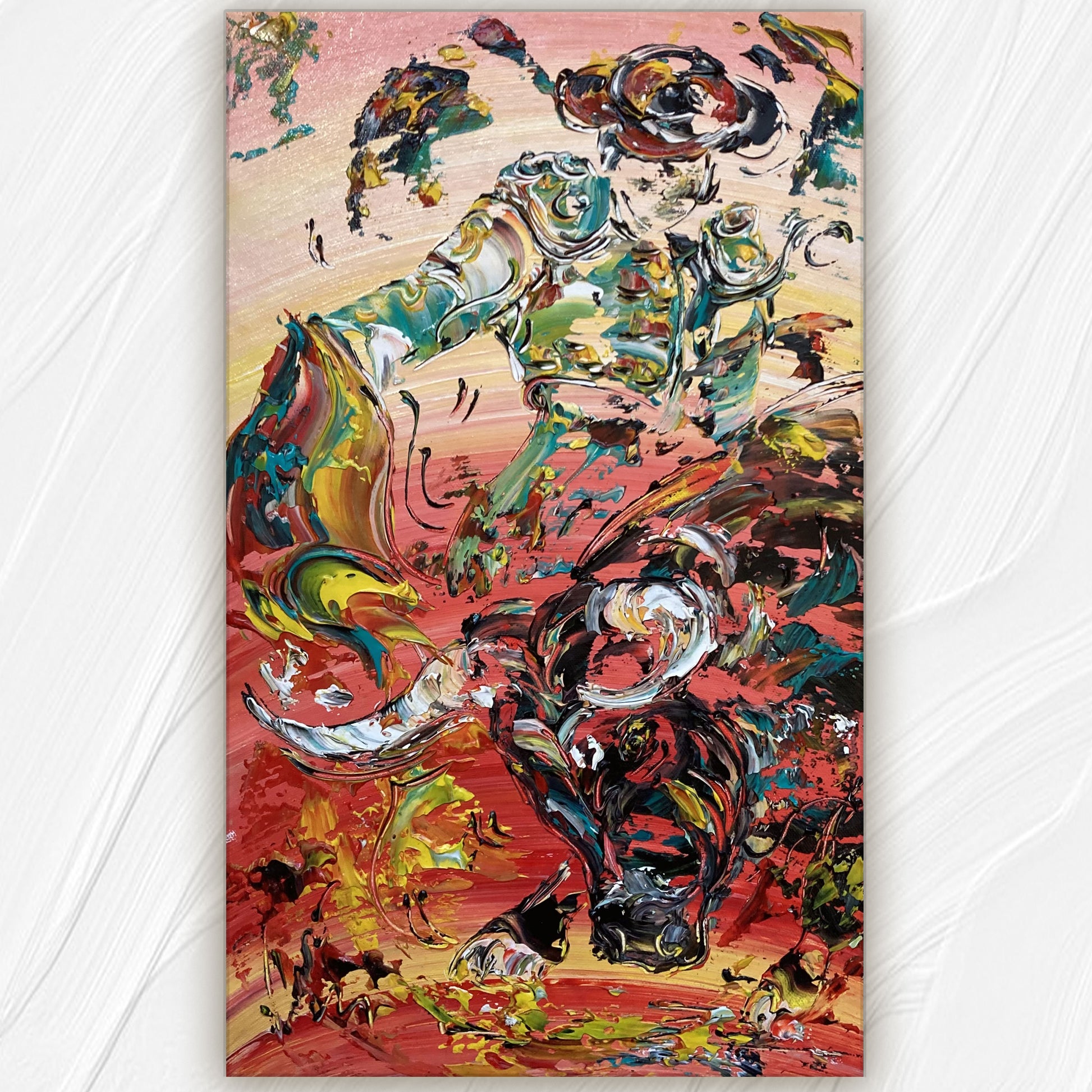 Tableau peinture corrida tauromachie 30x50cm spatule reliefs torero taureau arène Virginie Linard.
