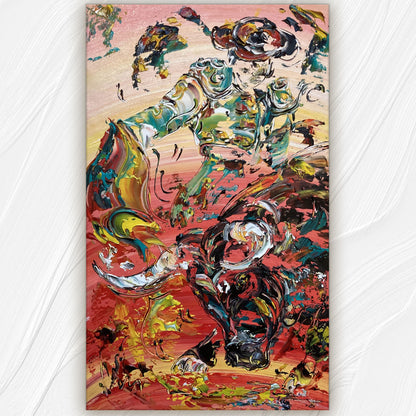 Tableau peinture corrida tauromachie 30x50cm spatule reliefs torero taureau arène Virginie Linard.
