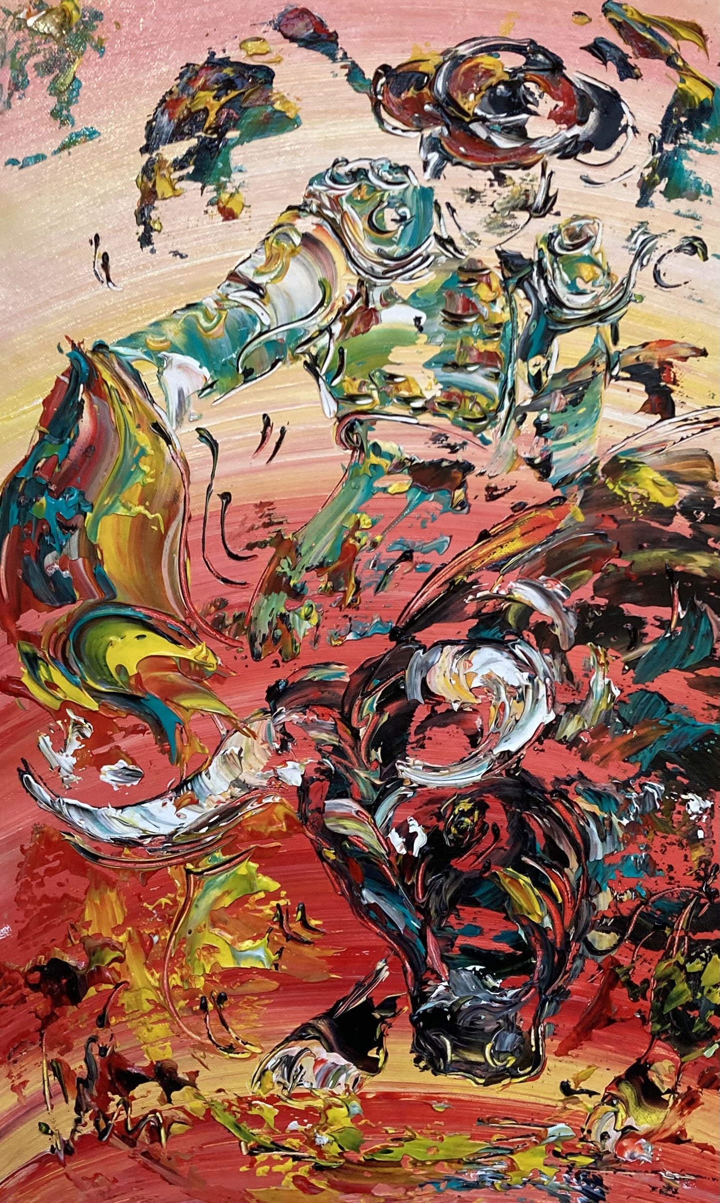 Tableau peinture corrida tauromachie 30x50cm spatule reliefs torero taureau arène Virginie Linard.
