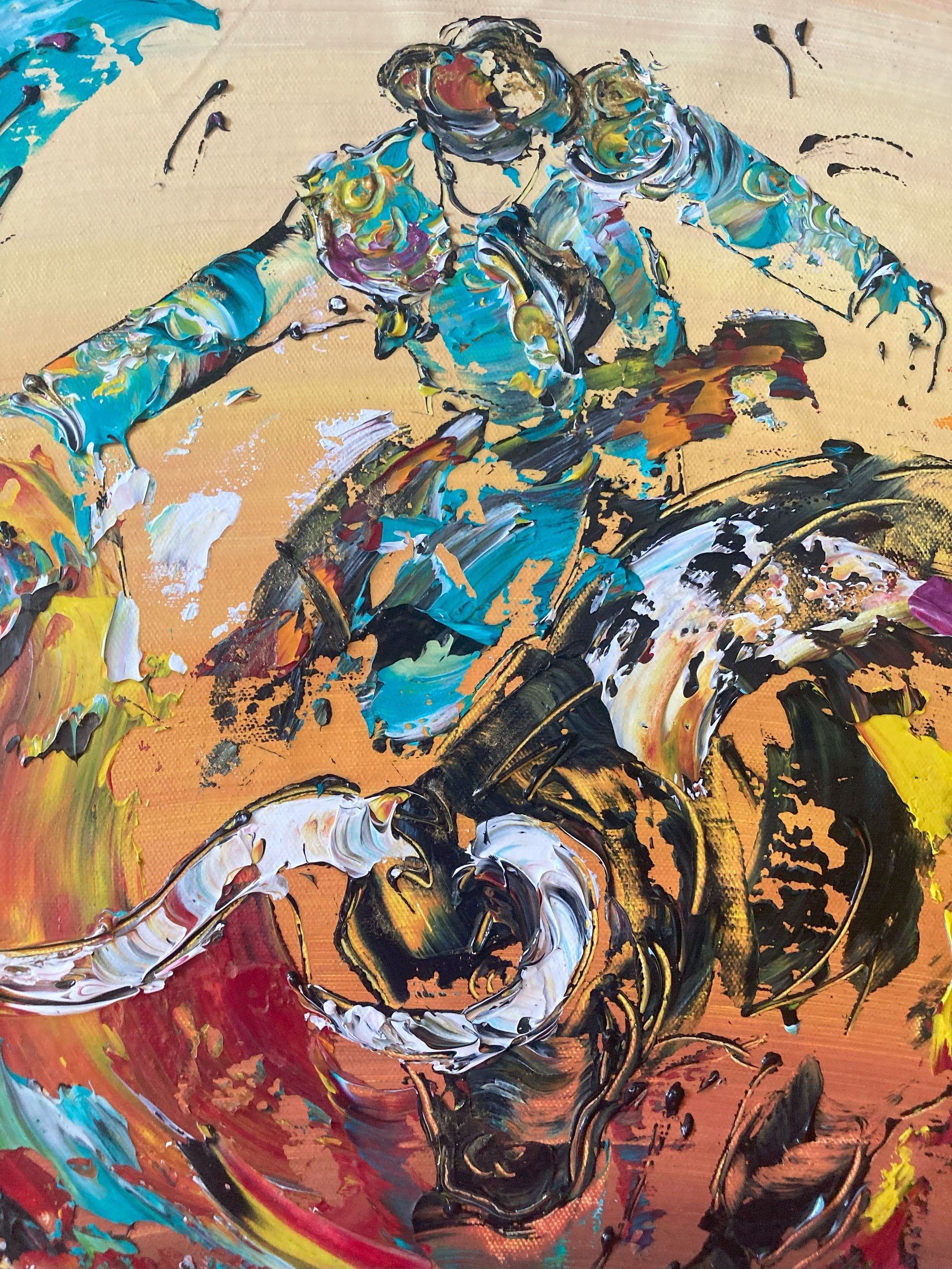 Tableau Corrida Tauromachie. Peinture Originale sur toile. Format 40x60cm. Détail1. Création Virginie Linard ©.